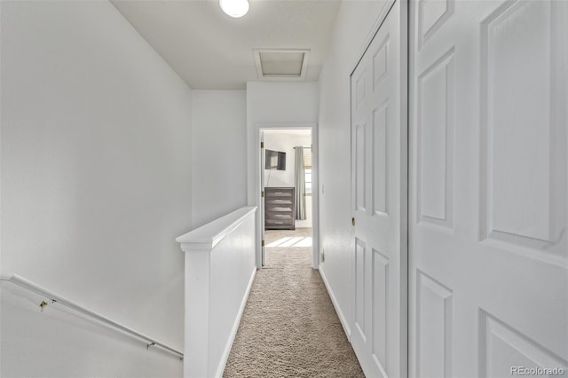 hall featuring an upstairs landing, light colored carpet, and attic access