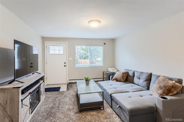 living area featuring carpet