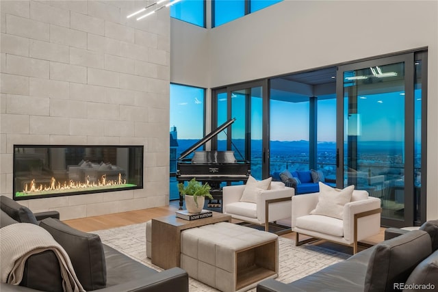 living room featuring wood finished floors and a fireplace