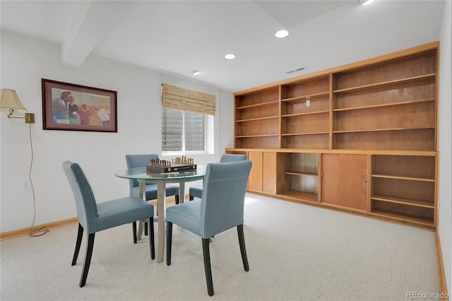dining room featuring baseboards, recessed lighting, carpet floors, visible vents, and beamed ceiling