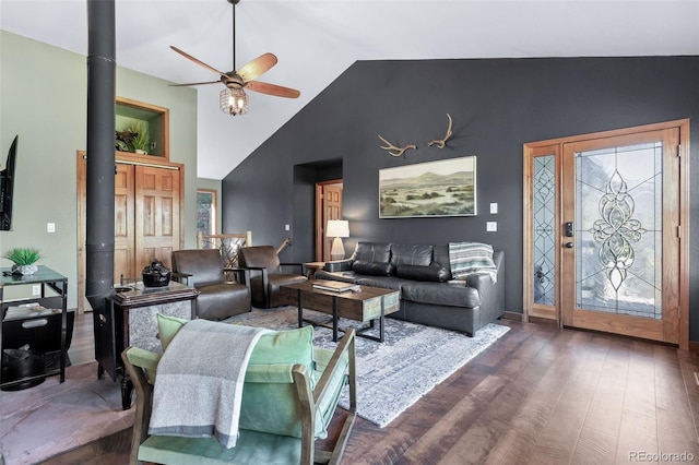 288 Spring Vly, Bailey, CO 80421 - living area with a ceiling fan, wood finished floors, a wood stove, and high vaulted ceiling