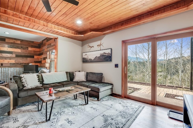 288 Spring Vly, Bailey, CO 80421 - living area with wood ceiling, wood finished floors, wooden walls, ceiling fan, and recessed lighting