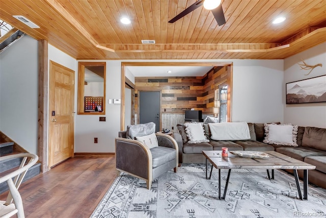 288 Spring Vly, Bailey, CO 80421 - living room featuring wooden ceiling, a raised ceiling, wood finished floors, ceiling fan, and recessed lighting