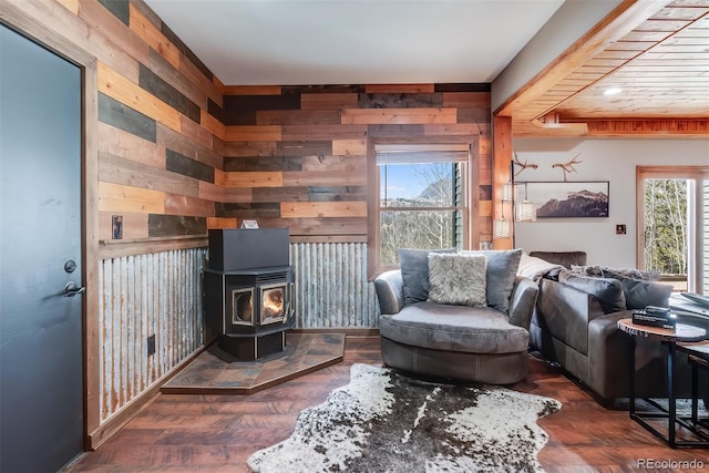 288 Spring Vly, Bailey, CO 80421 - living room with wood walls and a wood stove