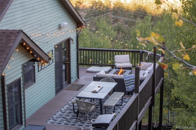 288 Spring Vly, Bailey, CO 80421 - wooden terrace with an outdoor living space with a fire pit and outdoor dining space