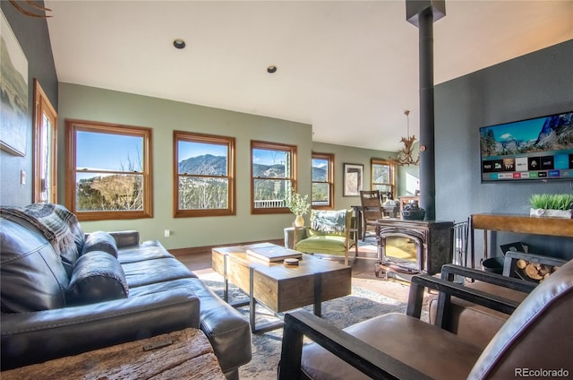 288 Spring Vly, Bailey, CO 80421 - living area with a wood stove, wood finished floors, and recessed lighting