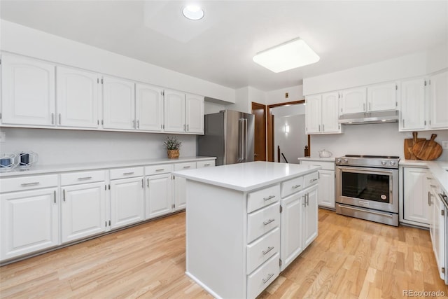 kitchen with light wood-style flooring, stainless steel appliances, light countertops, under cabinet range hood, and a center island