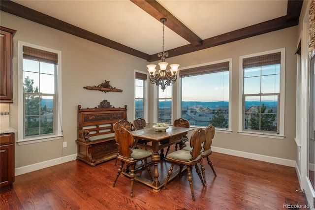 dining space with baseboards, beam ceiling, a notable chandelier, and dark wood finished floors