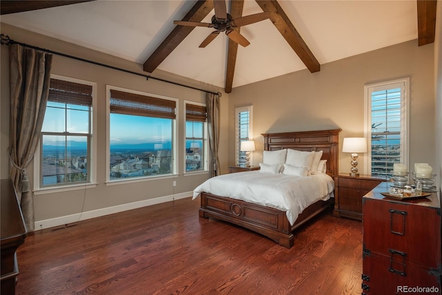 bedroom with visible vents, lofted ceiling with beams, dark wood finished floors, baseboards, and ceiling fan