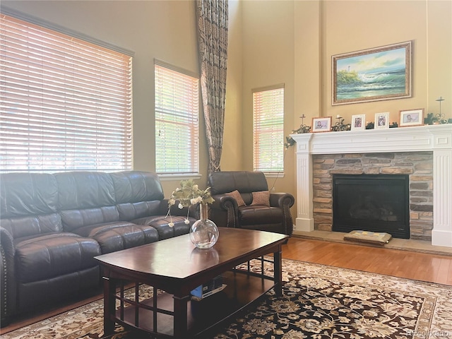 6035 S Paris St, Englewood, CO 80111 - living room with wood finished floors and a stone fireplace