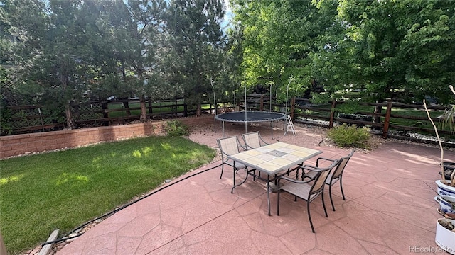 6035 S Paris St, Englewood, CO 80111 - fenced backyard with a trampoline, a patio area, outdoor dining space, and view of scattered trees