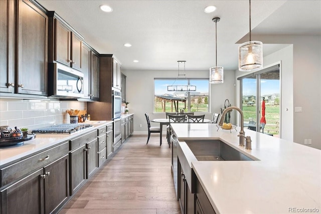 kitchen featuring light wood-type flooring, recessed lighting, dark brown cabinetry, light countertops, and appliances with stainless steel finishes