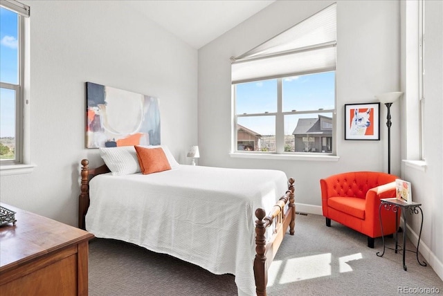 bedroom with multiple windows, baseboards, lofted ceiling, and carpet