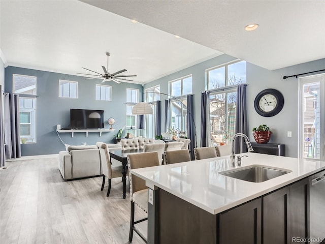 4628 Mt Shavano St, Brighton, CO 80601 - kitchen featuring stainless steel dishwasher, light countertops, open floor plan, light wood-style flooring, and crown molding