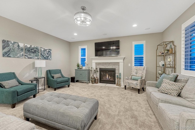 6470 Amur Ct, Castle Rock, CO 80108 - living area with carpet floors, a fireplace, and recessed lighting