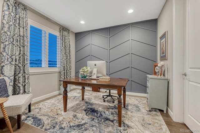 6470 Amur Ct, Castle Rock, CO 80108 - office area with a decorative wall, wood finished floors, baseboards, and recessed lighting