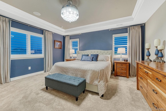 6470 Amur Ct, Castle Rock, CO 80108 - bedroom with light carpet, a chandelier, a raised ceiling, and ornamental molding