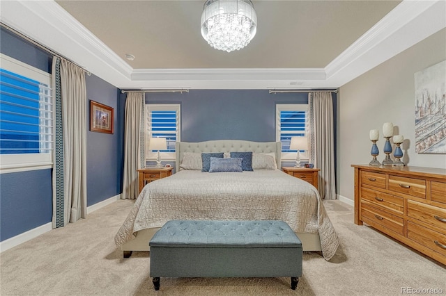 6470 Amur Ct, Castle Rock, CO 80108 - carpeted bedroom featuring a tray ceiling, crown molding, a chandelier, and baseboards