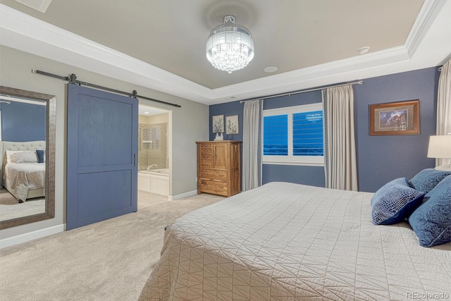 6470 Amur Ct, Castle Rock, CO 80108 - carpeted bedroom with a tray ceiling, a barn door, baseboards, a chandelier, and crown molding