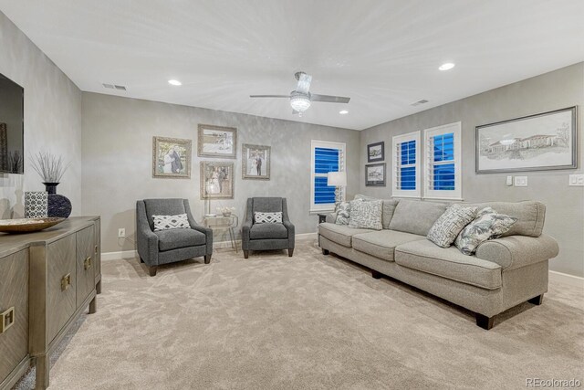 6470 Amur Ct, Castle Rock, CO 80108 - living room with baseboards, a ceiling fan, light colored carpet, and recessed lighting