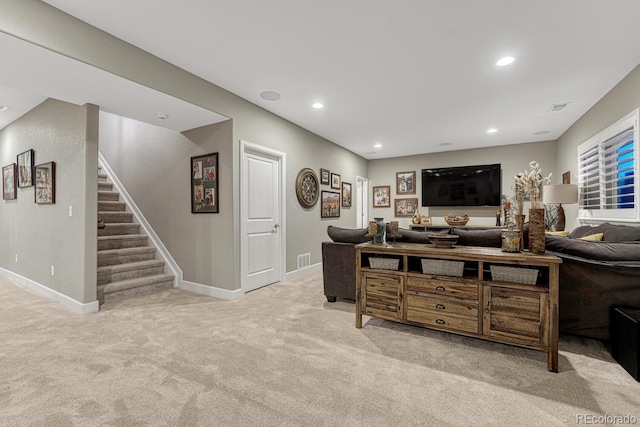 6470 Amur Ct, Castle Rock, CO 80108 - living area featuring carpet, stairs, baseboards, and recessed lighting