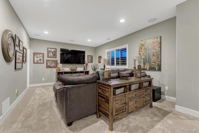 6470 Amur Ct, Castle Rock, CO 80108 - living room with light carpet, recessed lighting, baseboards, and a textured wall