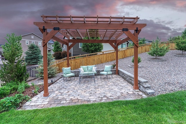 6470 Amur Ct, Castle Rock, CO 80108 - patio terrace at dusk with a fenced backyard, a patio area, a pergola, and outdoor lounge area