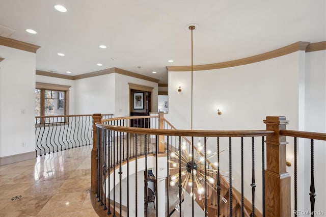 corridor featuring marble finish floor, recessed lighting, ornamental molding, an upstairs landing, and baseboards