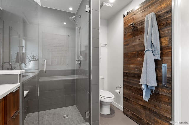 3233 Tejon St Unit 305, Denver, CO 80211 - full bath with vanity, a stall shower, tile patterned floors, and recessed lighting