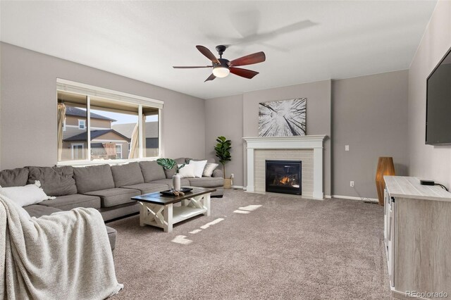 living room with light colored carpet and ceiling fan