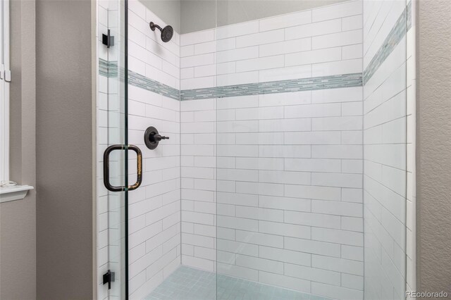 bathroom featuring a shower with door