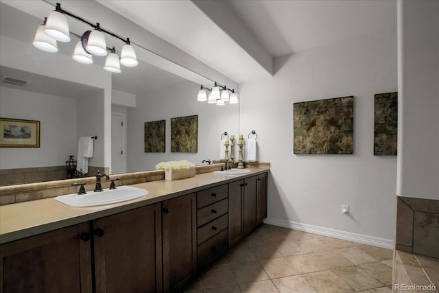 full bath featuring tile patterned flooring, visible vents, a sink, and double vanity