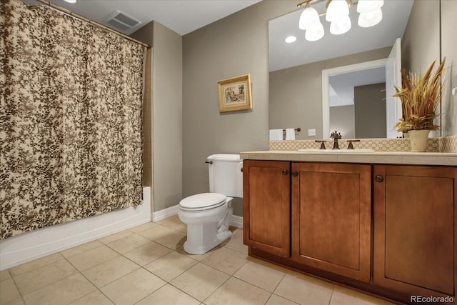 full bathroom with toilet, visible vents, baseboards, tile patterned flooring, and vanity