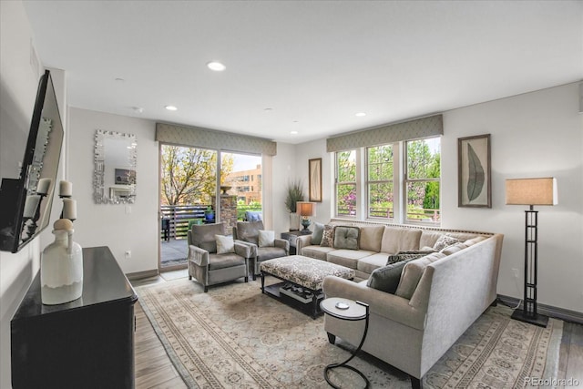 living area featuring light wood finished floors, a wealth of natural light, and recessed lighting