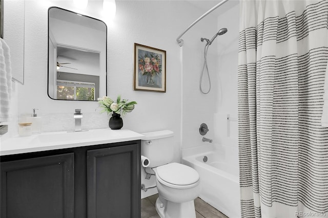 11757 W Tufts Pl, Morrison, CO 80465 - bathroom with vanity, toilet, shower / tub combo, tile patterned floors, and a ceiling fan