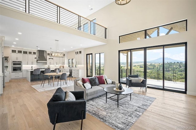 living room featuring a mountain view, plenty of natural light, a high ceiling, and light hardwood / wood-style floors