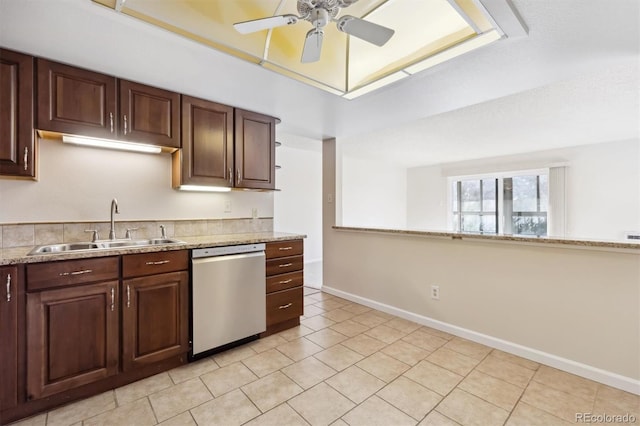 kitchen featuring dark brown cabinetry, stainless steel dishwasher, ceiling fan, and sink