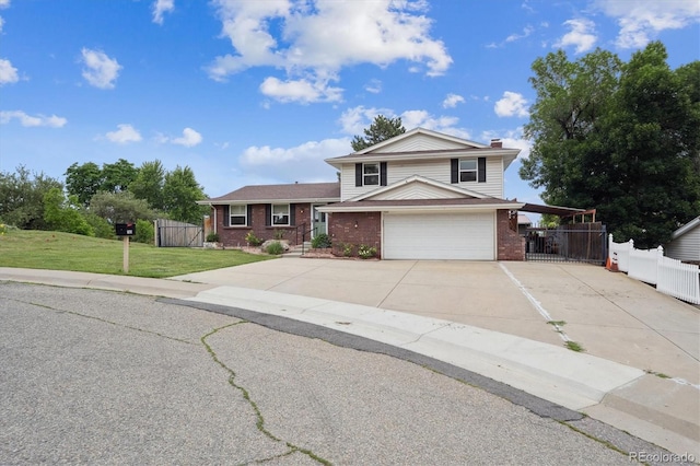 7323 Upham Ct, Arvada, CO 80003 - tri-level home featuring brick siding, driveway, an attached garage, and a chimney