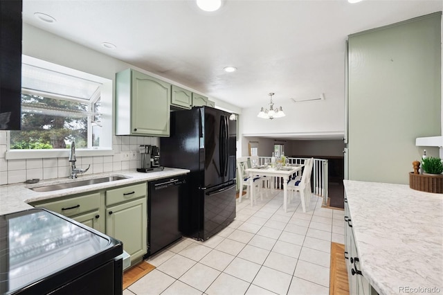 7323 Upham Ct, Arvada, CO 80003 - kitchen featuring green cabinetry, black appliances, a chandelier, light countertops, and recessed lighting