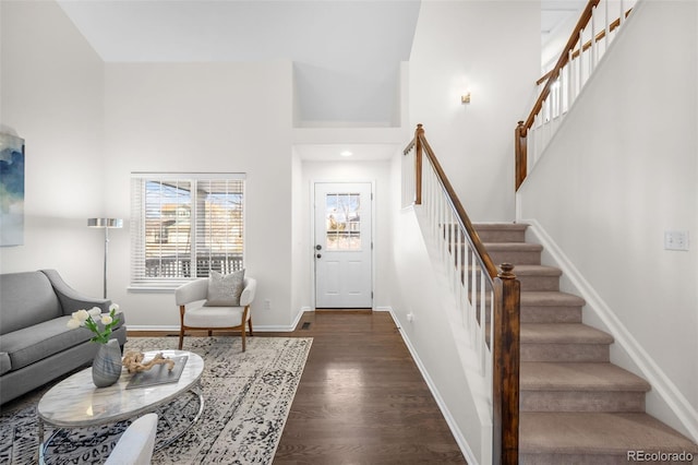 entrance foyer with a towering ceiling and dark hardwood / wood-style floors