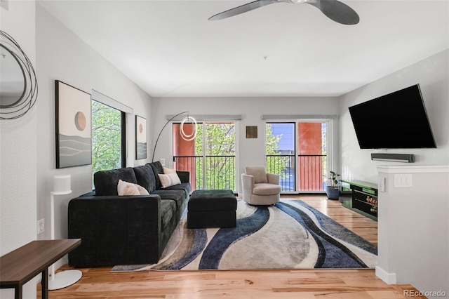living area featuring a ceiling fan and wood finished floors