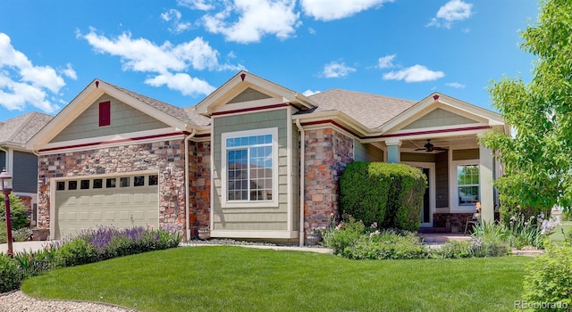 14879 Xenia St, Thornton, CO 80602 - craftsman-style home featuring a front yard, a garage, a ceiling fan, and concrete driveway