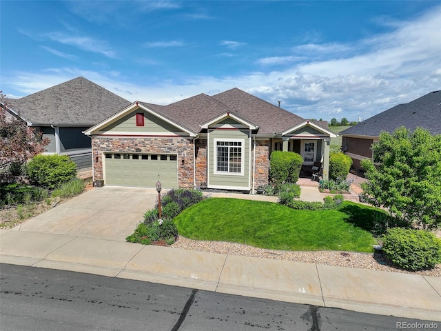 14879 Xenia St, Thornton, CO 80602 - craftsman inspired home with a garage, stone siding, concrete driveway, and a front lawn