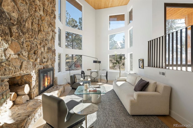 living room with a fireplace, a towering ceiling, wood-type flooring, and a healthy amount of sunlight