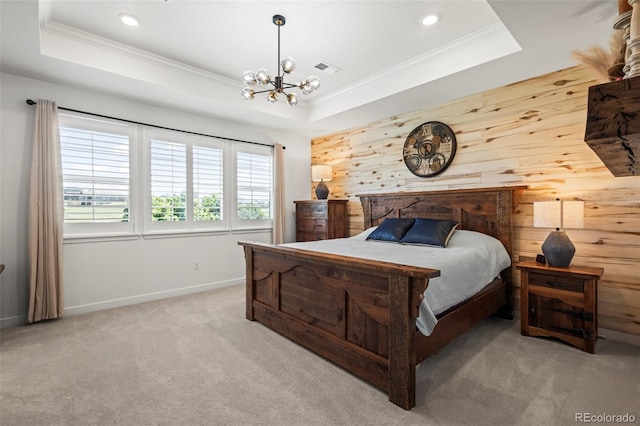 17121 Desert Wine Ln, Parker, CO 80134 - carpeted bedroom with a tray ceiling, crown molding, a chandelier, wooden walls, and recessed lighting