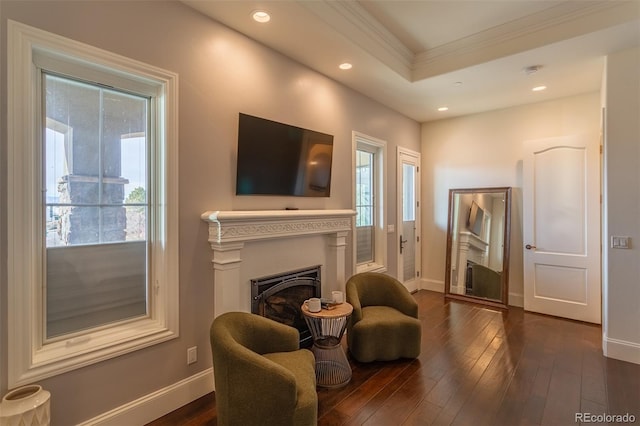 sitting room featuring dark hardwood / wood-style flooring, ornamental molding, and a raised ceiling