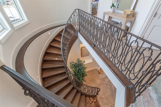 stairs featuring a towering ceiling