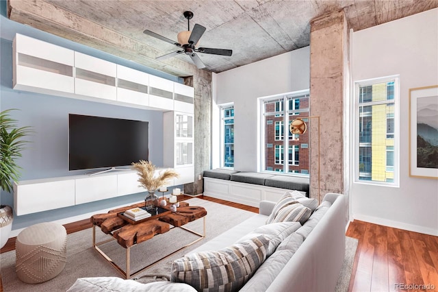 living room featuring ceiling fan and dark hardwood / wood-style floors