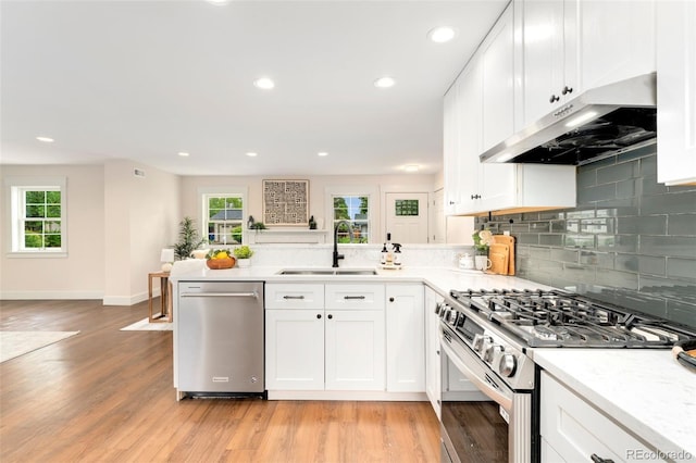 13483 Alcott Way, Broomfield, CO 80020 - kitchen featuring appliances with stainless steel finishes, under cabinet range hood, a sink, tasteful backsplash, and plenty of natural light