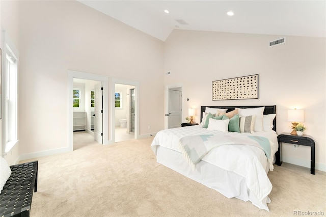 13483 Alcott Way, Broomfield, CO 80020 - carpeted bedroom featuring baseboards, high vaulted ceiling, connected bathroom, and recessed lighting